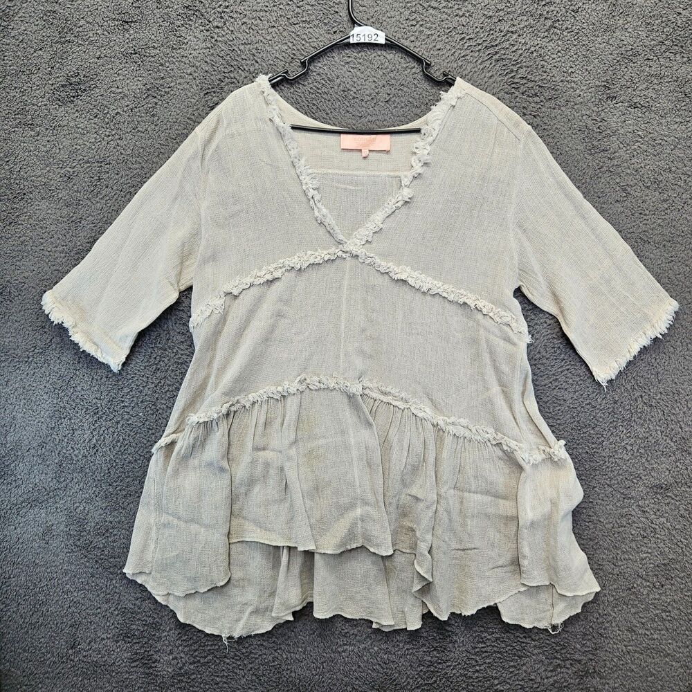 Scandal Italy Tops Womens One Size Gray V-Neck Tiered‎ Peasant Blouse Fringe
